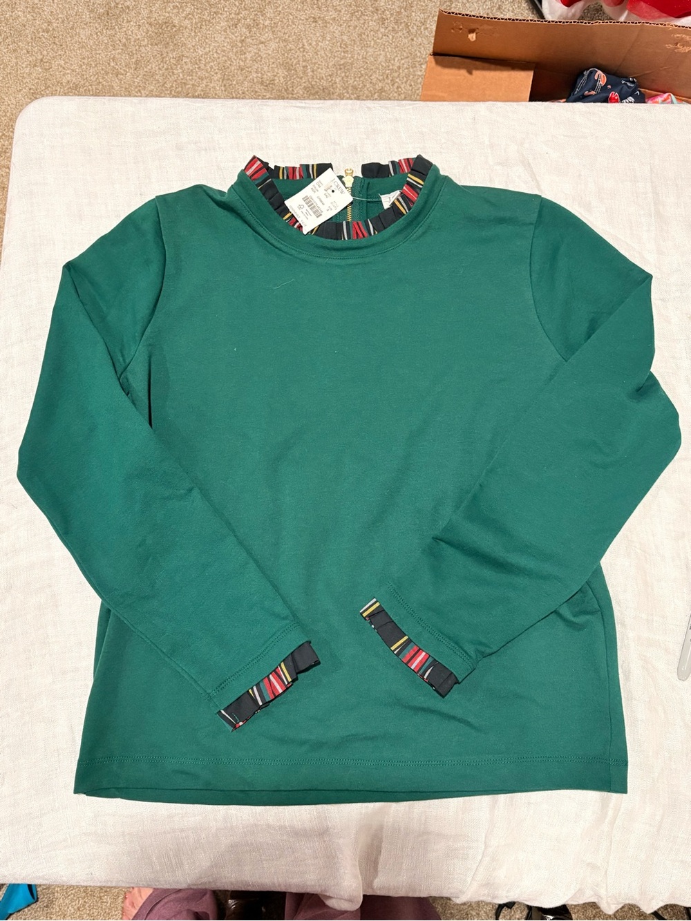 J. Crew Emerald Green Top with Striped Ruffle Trim Women Small BRAND NEW